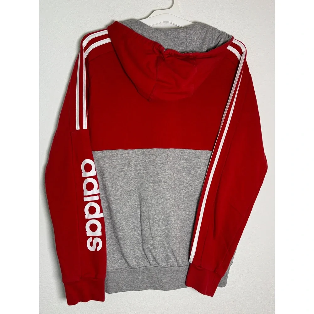 Adidas Mens Full Zip Hoodie Red Gray Colorblock Logo Sleeve Sweatshirt Small